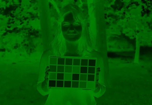 The same frame through the 525 nm band alone: one exposure, green, the chart's patches reading as densities rather than colours.