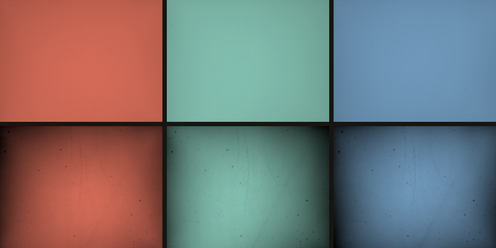 Six panels. The top row is three near-uniform fields, one red, one green, one blue — three exposures of an empty gate. The bottom row is the same three stretched hard, revealing the light falling off towards the corners and specks of dust across the field.