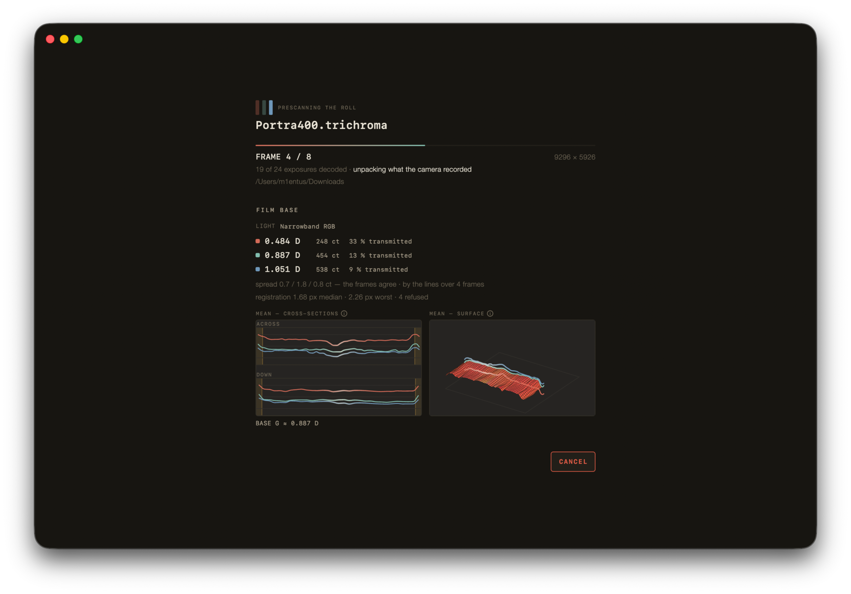 The prescan screen: film base per channel, the spread between frames, registration, and two views of the light.