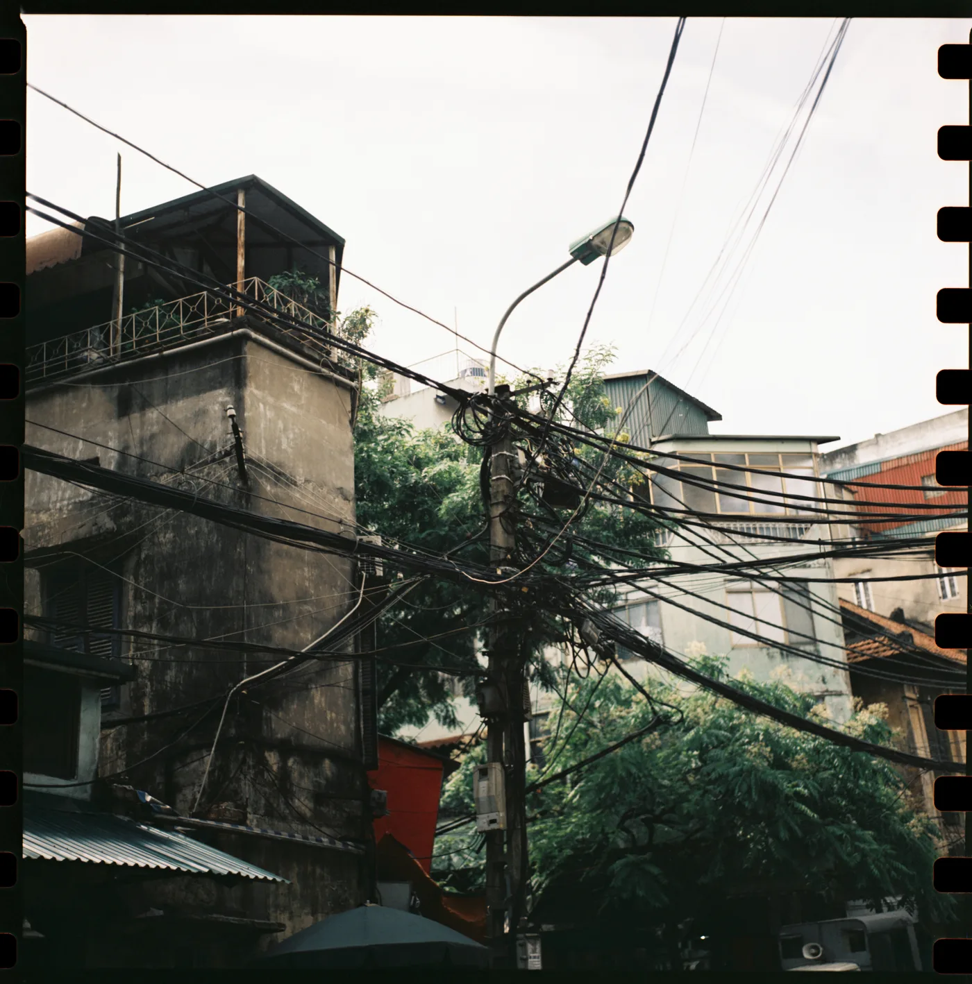 An old concrete house wrapped in tangled power cables, a street lamp and trees beside it.