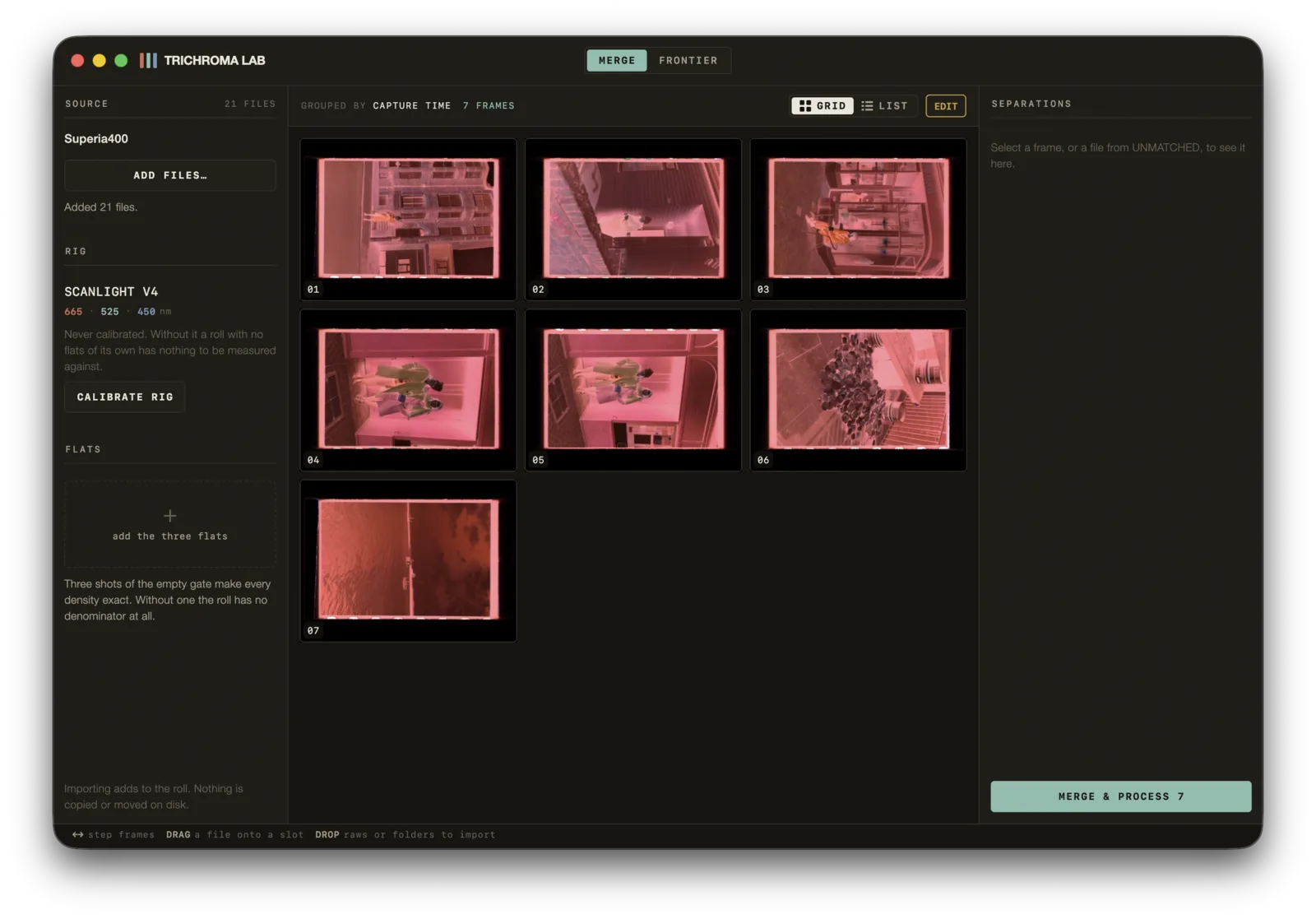The MERGE screen in Trichroma Lab showing seven negatives grouped from twenty-one imported raw files.